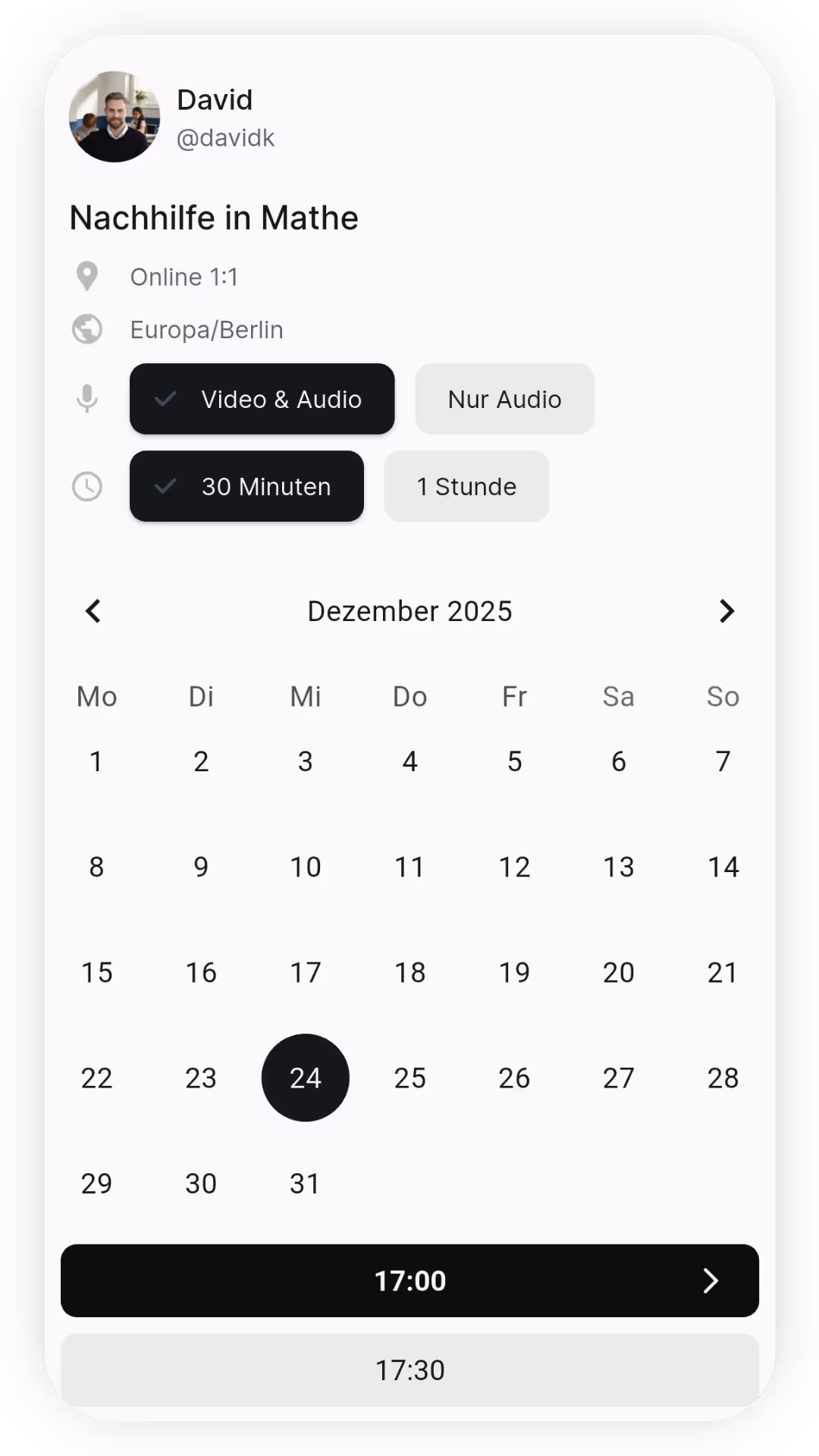 Illustration des Connwy-Buchungsprozesses: Ein Nutzer bucht ein 1:1-Treffen für Mathe-Nachhilfe per Video über einen Kalender.