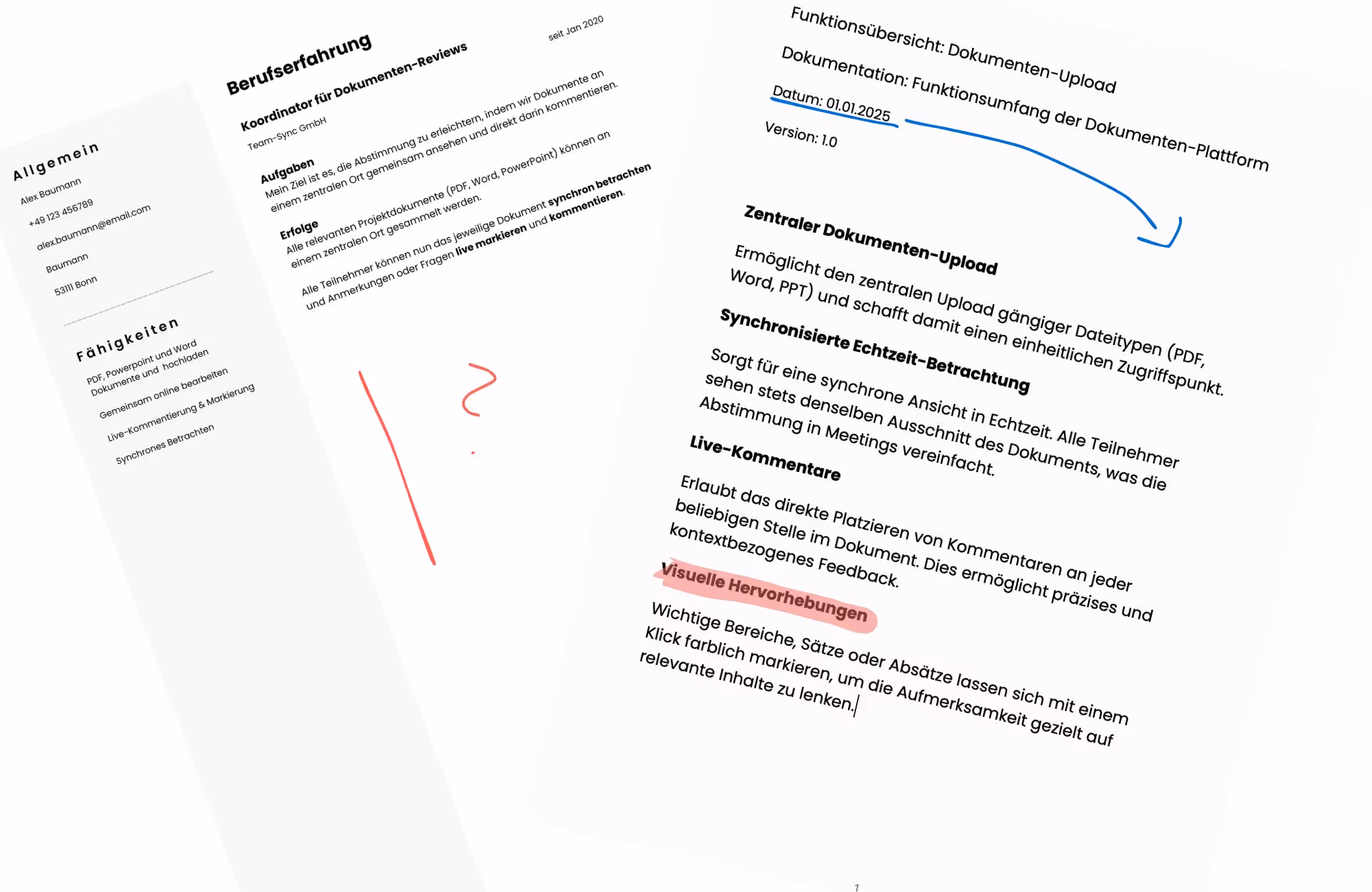 Zwei Dokumente, die live auf Connwy bearbeitet und mit Kommentaren versehen werden, um die Echtzeit-Kollaboration zu demonstrieren.