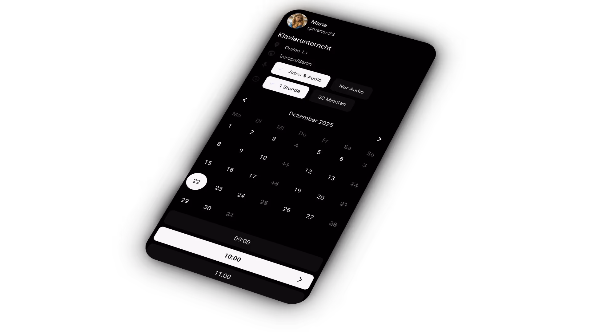 Ansicht des Live-Kalenders auf Connwy, in dem ein Nutzer seinen Wunschtermin für ein 1:1-Treffen auswählt.