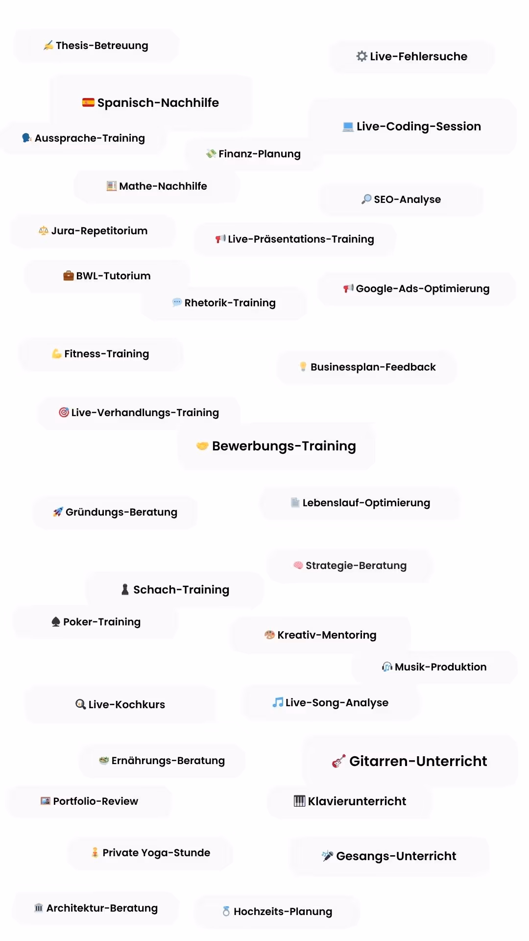 Eine Wortwolke, die die Vielfalt der 1:1-Treffen auf Connwy illustriert, mit Beispielen wie Bewerbungs-Training, Spanisch-Nachhilfe, Live-Coding und kreativen Skills.